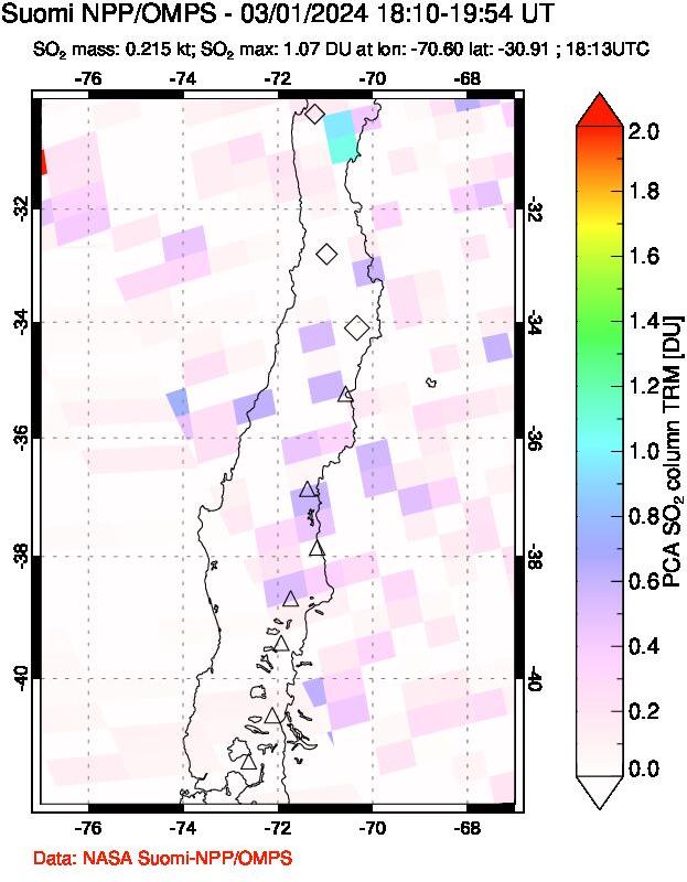 A sulfur dioxide image over Central Chile on Mar 01, 2024.