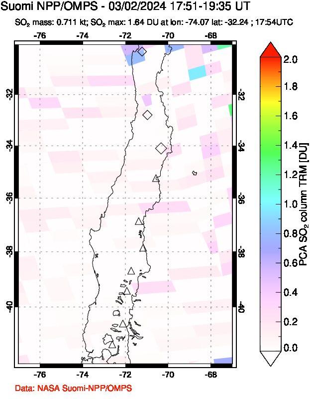 A sulfur dioxide image over Central Chile on Mar 02, 2024.