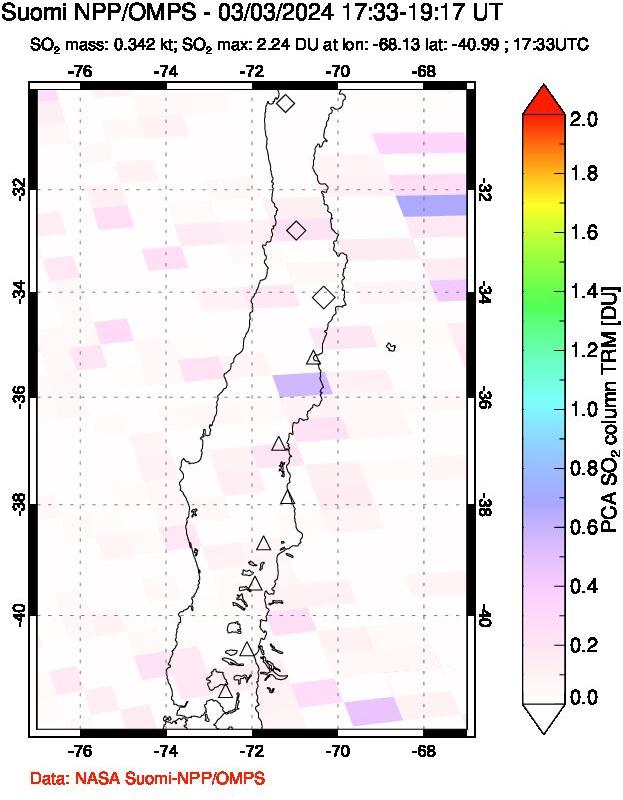 A sulfur dioxide image over Central Chile on Mar 03, 2024.