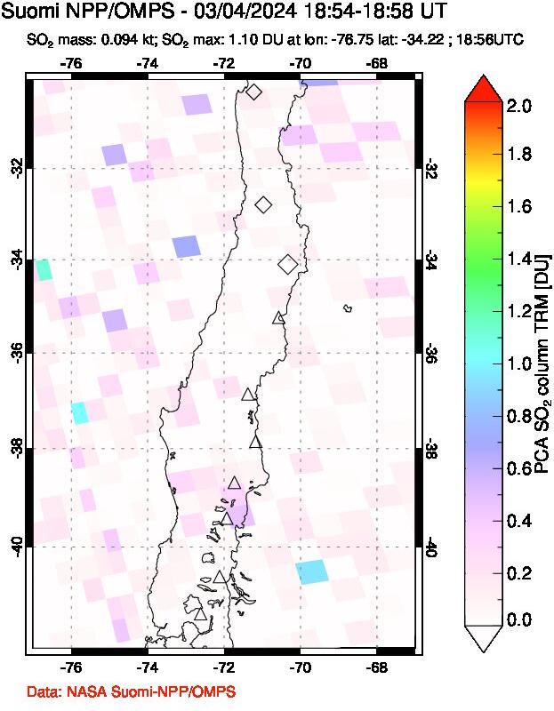 A sulfur dioxide image over Central Chile on Mar 04, 2024.