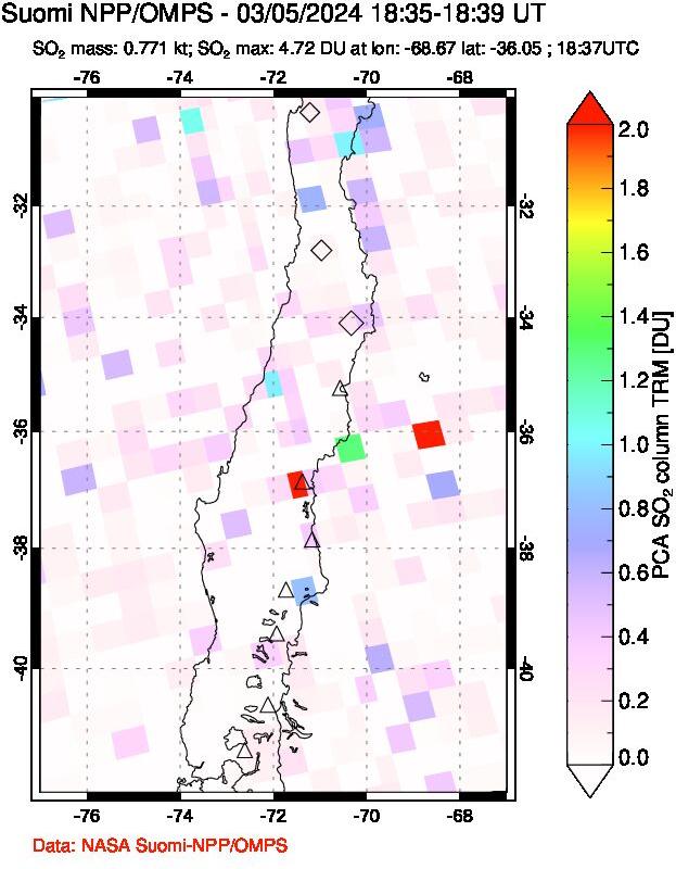 A sulfur dioxide image over Central Chile on Mar 05, 2024.