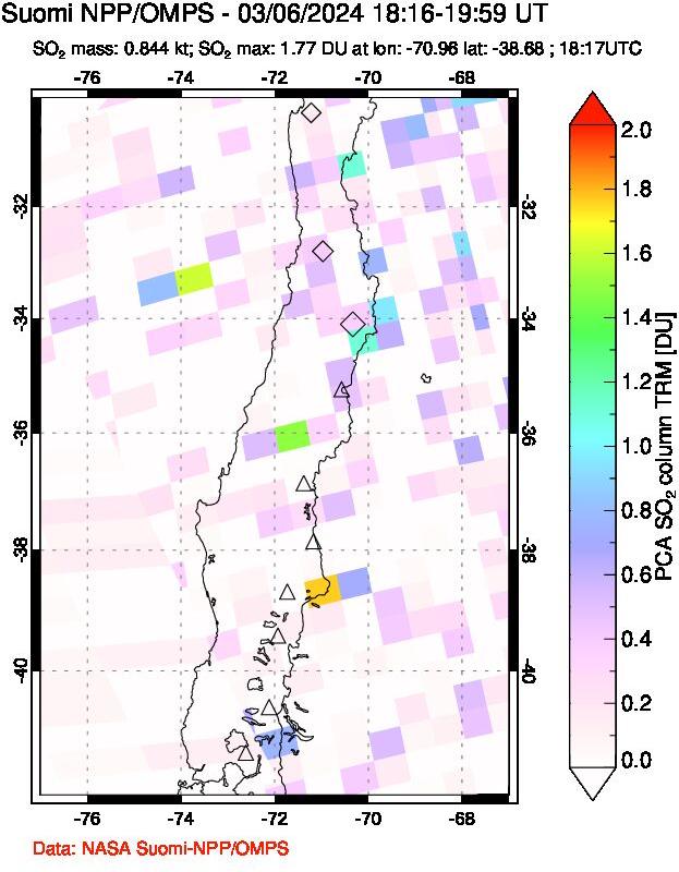 A sulfur dioxide image over Central Chile on Mar 06, 2024.