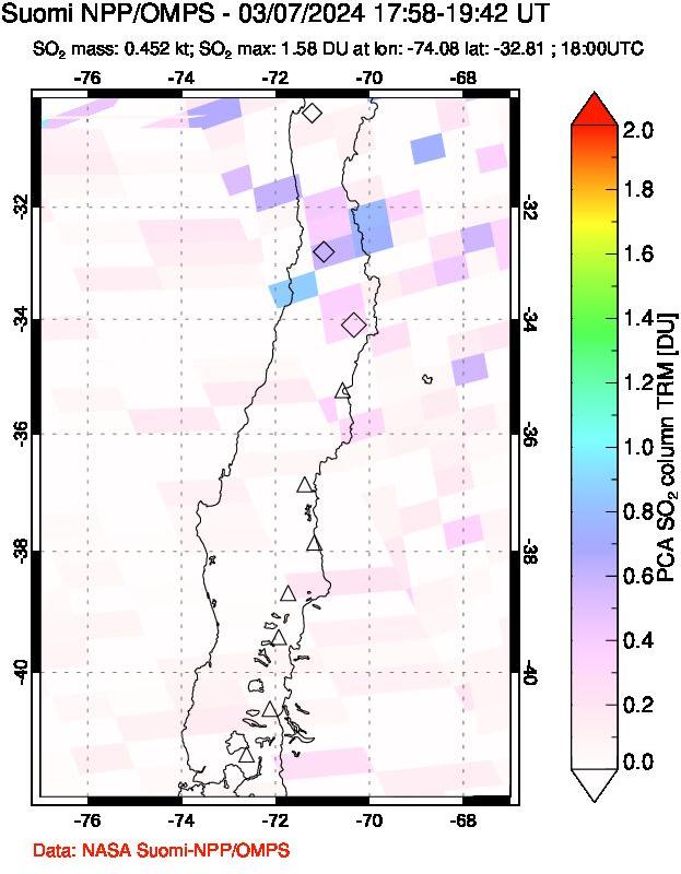 A sulfur dioxide image over Central Chile on Mar 07, 2024.