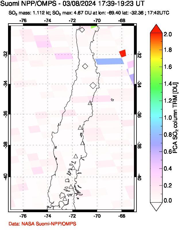 A sulfur dioxide image over Central Chile on Mar 08, 2024.