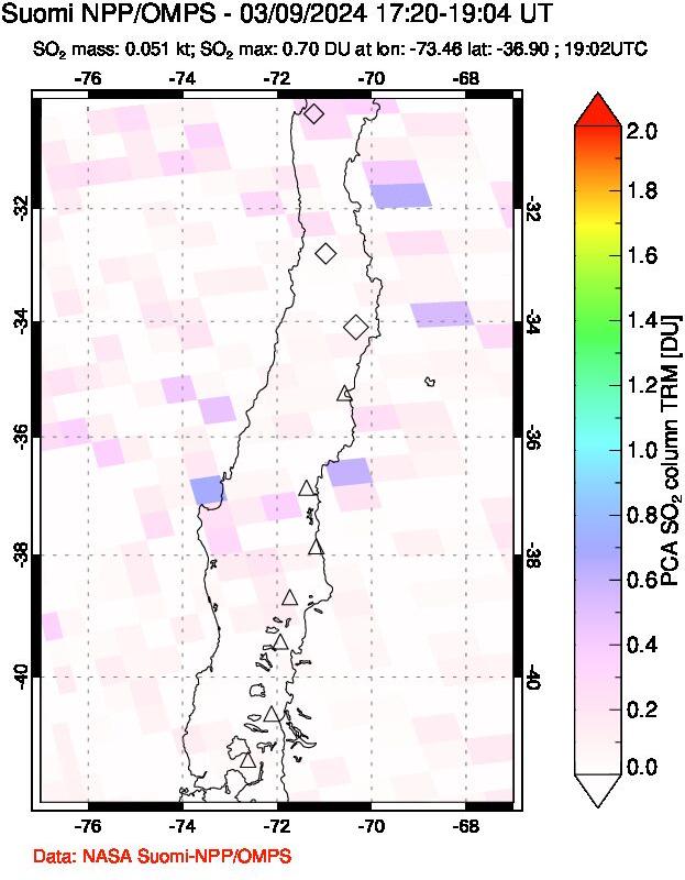 A sulfur dioxide image over Central Chile on Mar 09, 2024.