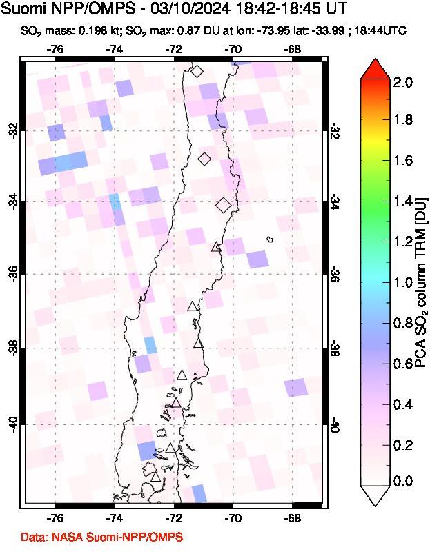 A sulfur dioxide image over Central Chile on Mar 10, 2024.