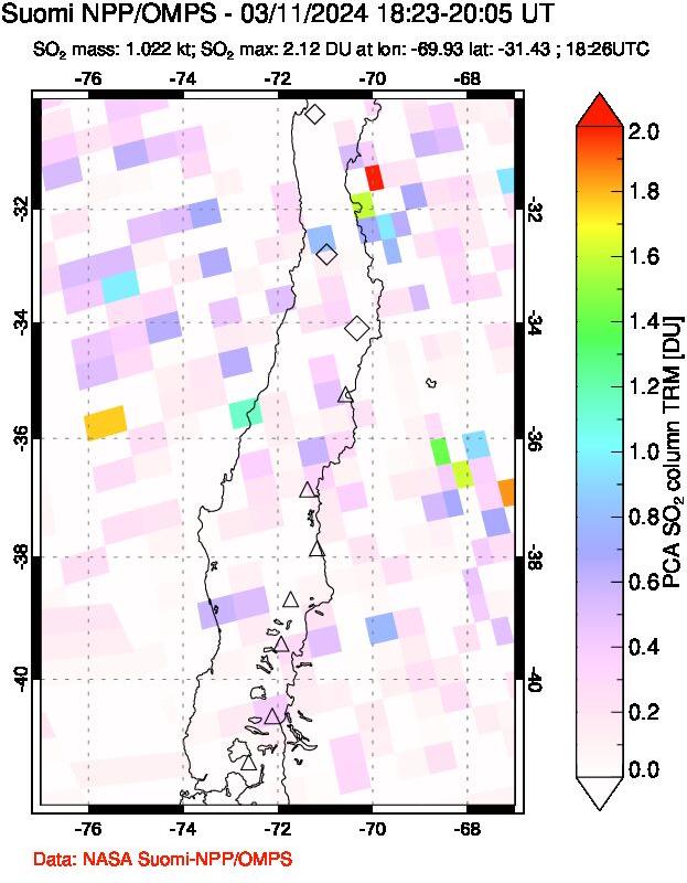 A sulfur dioxide image over Central Chile on Mar 11, 2024.