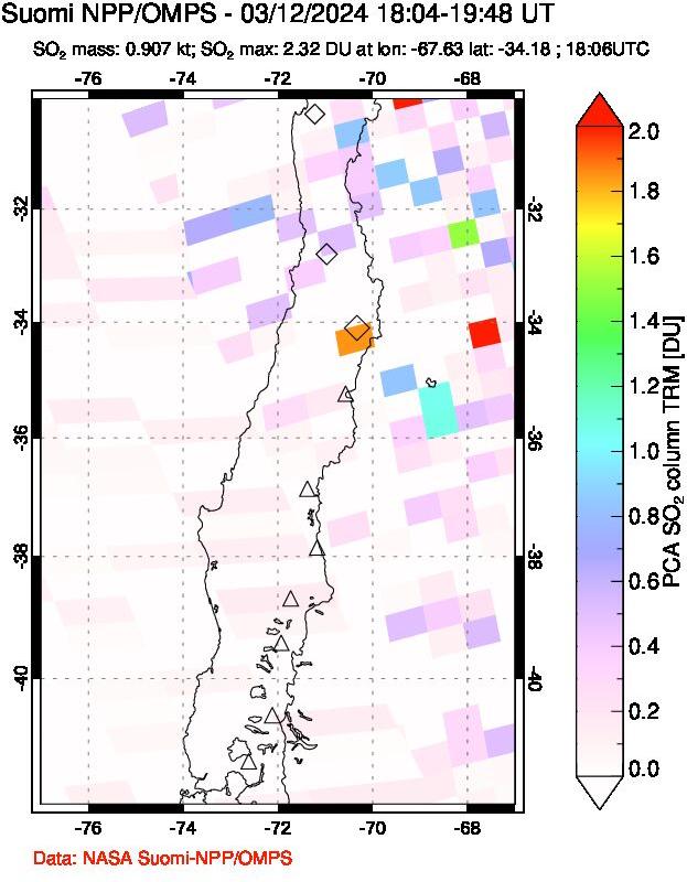 A sulfur dioxide image over Central Chile on Mar 12, 2024.