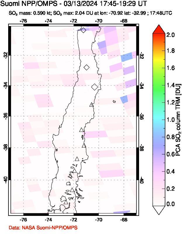 A sulfur dioxide image over Central Chile on Mar 13, 2024.