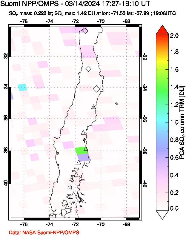 A sulfur dioxide image over Central Chile on Mar 14, 2024.