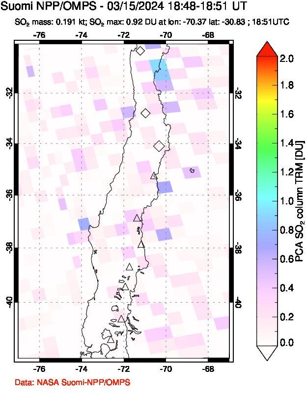 A sulfur dioxide image over Central Chile on Mar 15, 2024.