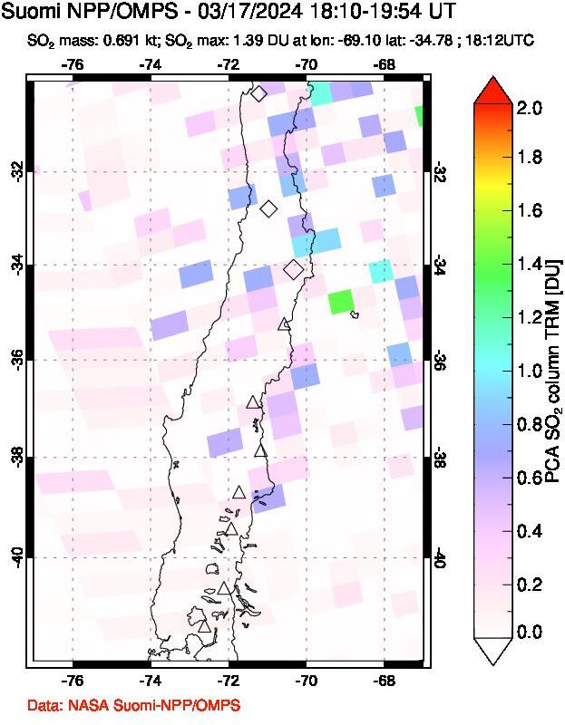 A sulfur dioxide image over Central Chile on Mar 17, 2024.