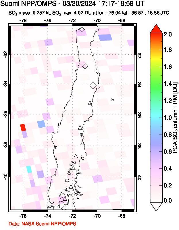 A sulfur dioxide image over Central Chile on Mar 20, 2024.