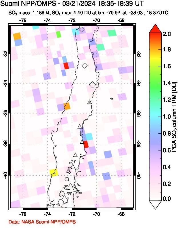 A sulfur dioxide image over Central Chile on Mar 21, 2024.