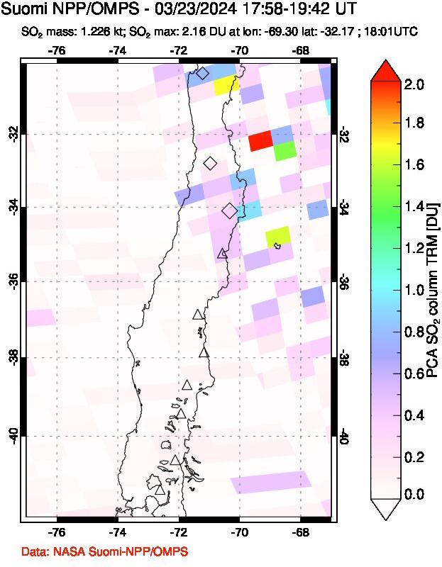 A sulfur dioxide image over Central Chile on Mar 23, 2024.