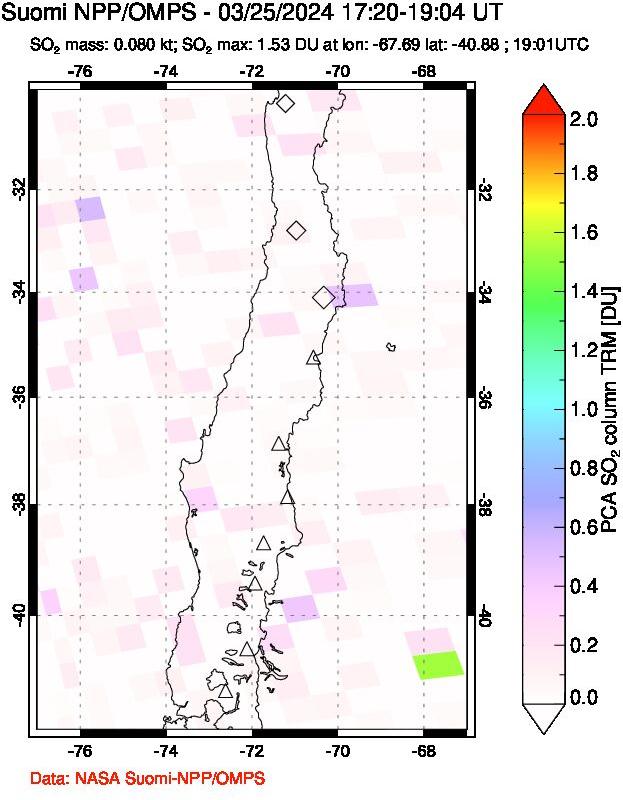 A sulfur dioxide image over Central Chile on Mar 25, 2024.