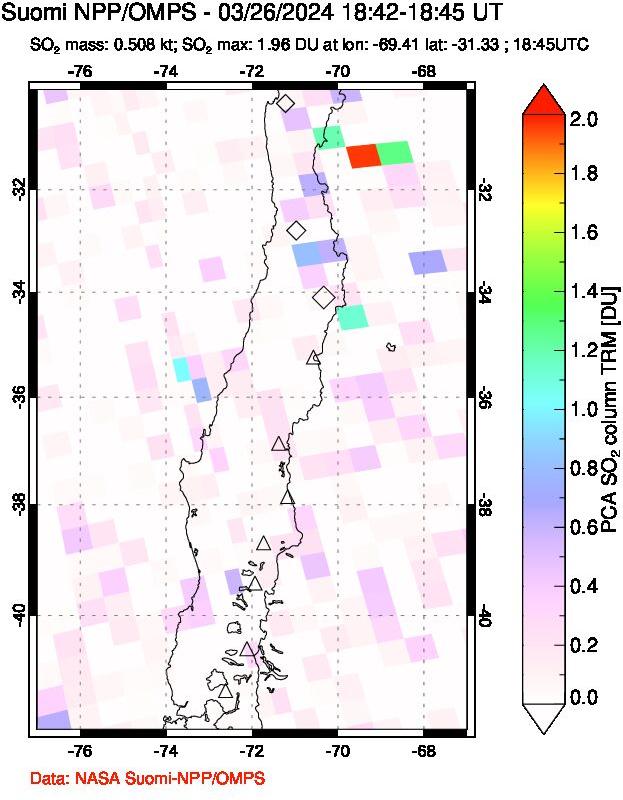 A sulfur dioxide image over Central Chile on Mar 26, 2024.