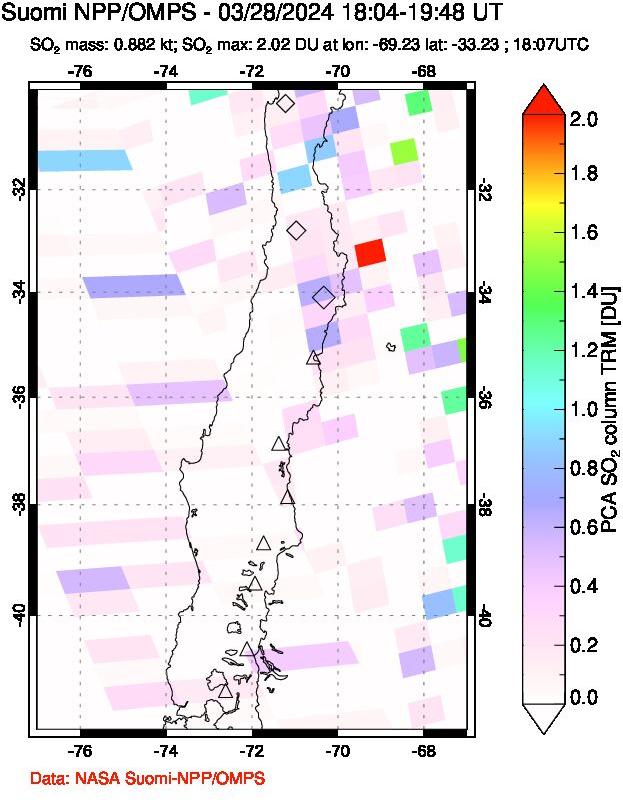 A sulfur dioxide image over Central Chile on Mar 28, 2024.