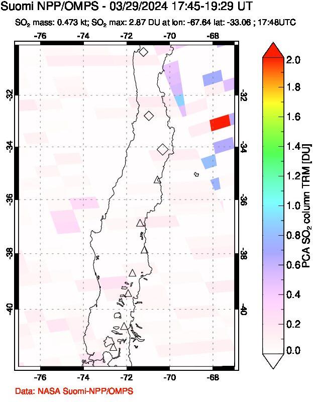 A sulfur dioxide image over Central Chile on Mar 29, 2024.