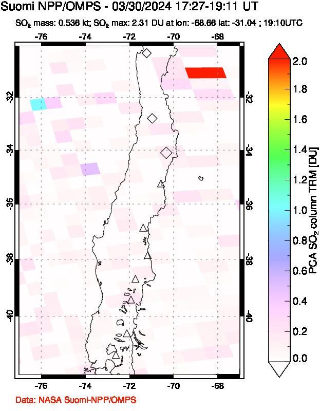 A sulfur dioxide image over Central Chile on Mar 30, 2024.