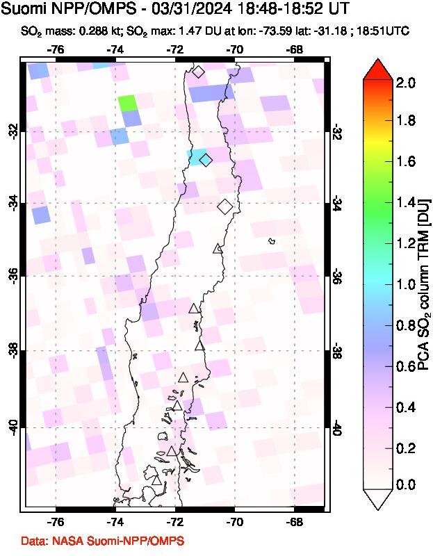 A sulfur dioxide image over Central Chile on Mar 31, 2024.