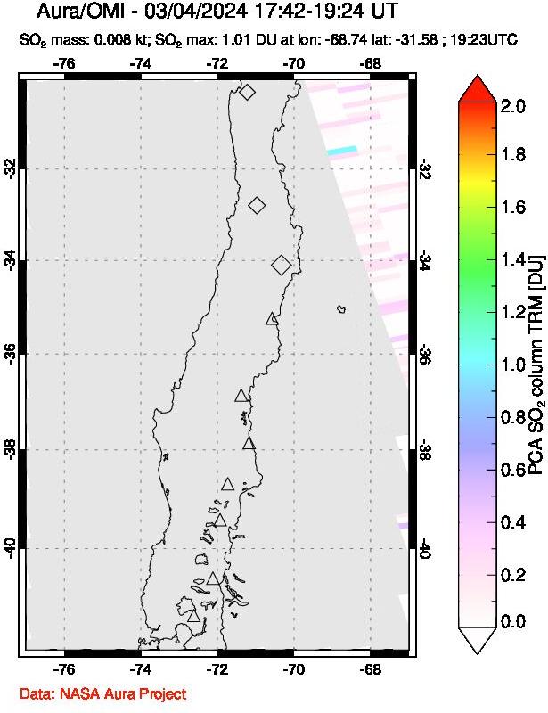 A sulfur dioxide image over Central Chile on Mar 04, 2024.