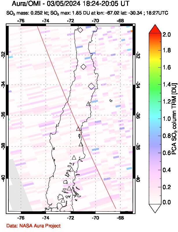 A sulfur dioxide image over Central Chile on Mar 05, 2024.