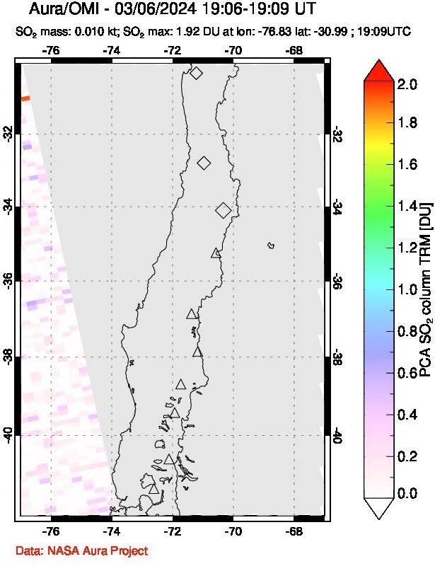 A sulfur dioxide image over Central Chile on Mar 06, 2024.