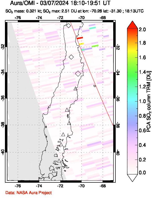 A sulfur dioxide image over Central Chile on Mar 07, 2024.