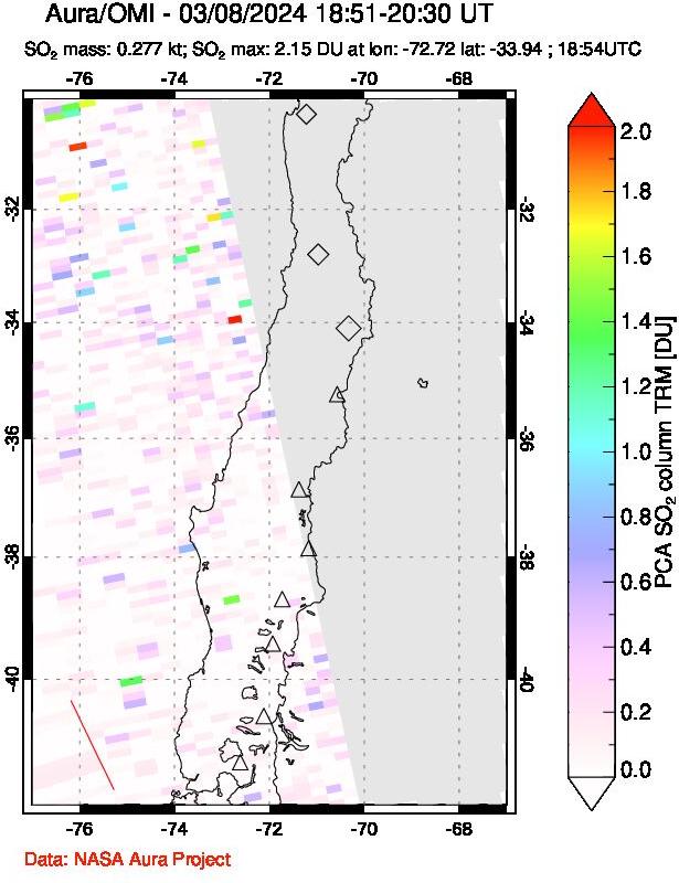 A sulfur dioxide image over Central Chile on Mar 08, 2024.