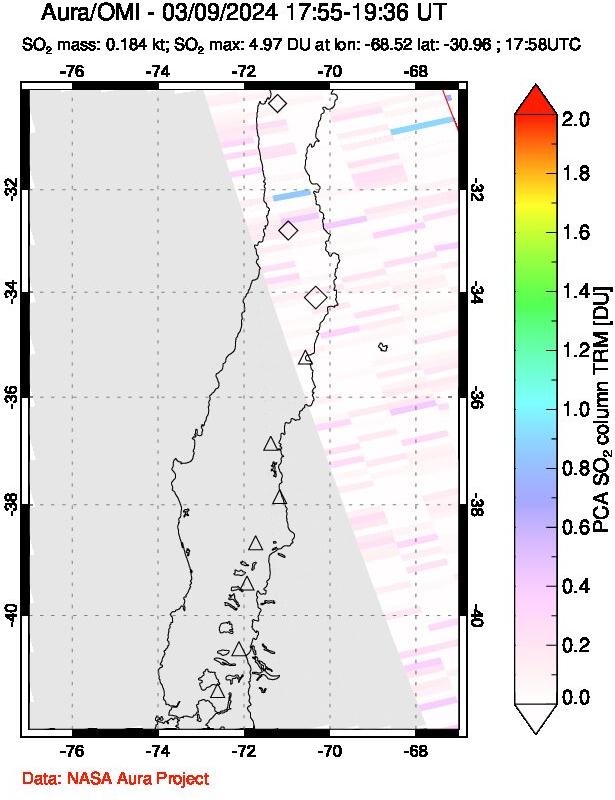 A sulfur dioxide image over Central Chile on Mar 09, 2024.