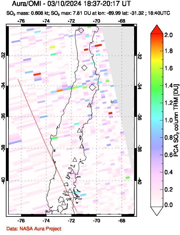 A sulfur dioxide image over Central Chile on Mar 10, 2024.