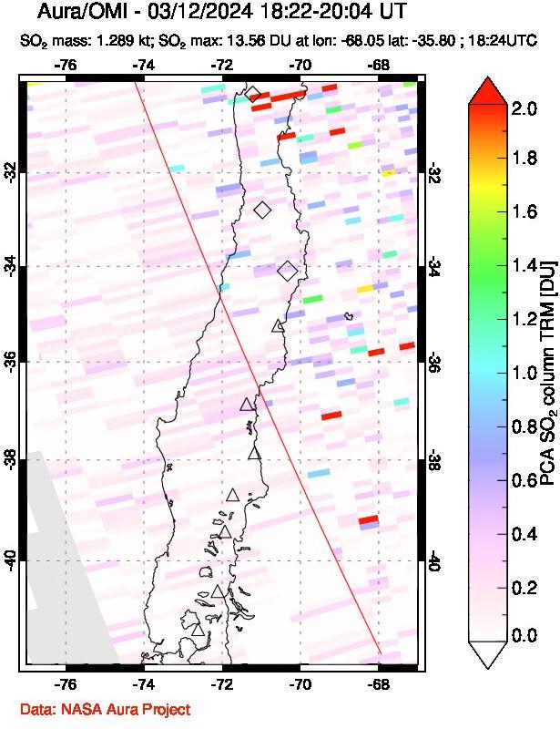 A sulfur dioxide image over Central Chile on Mar 12, 2024.