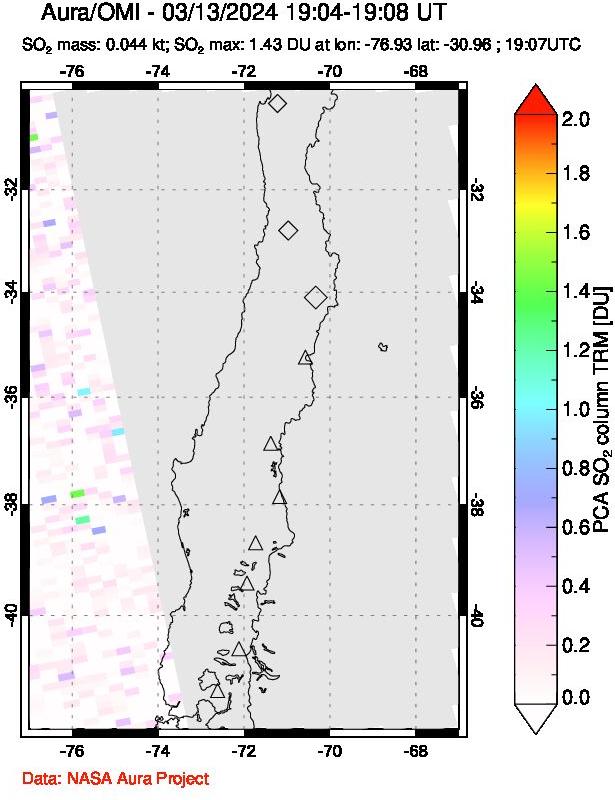 A sulfur dioxide image over Central Chile on Mar 13, 2024.