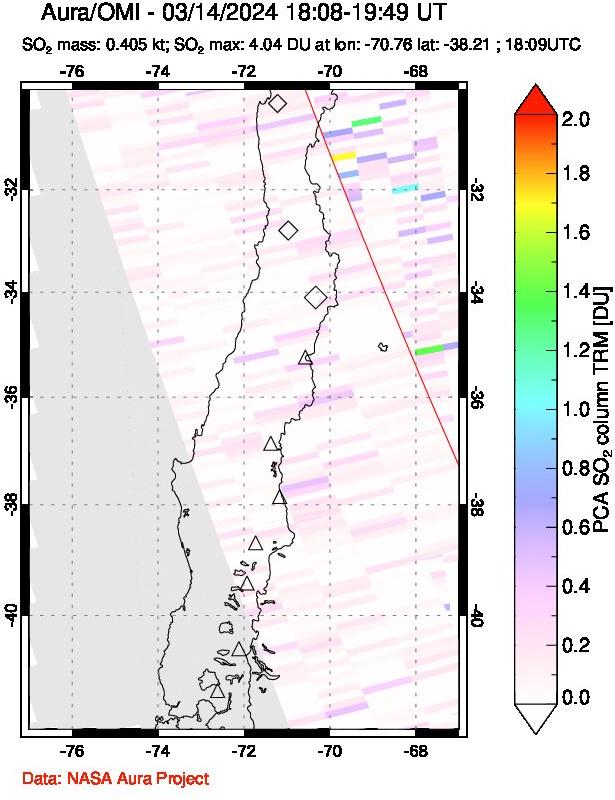 A sulfur dioxide image over Central Chile on Mar 14, 2024.