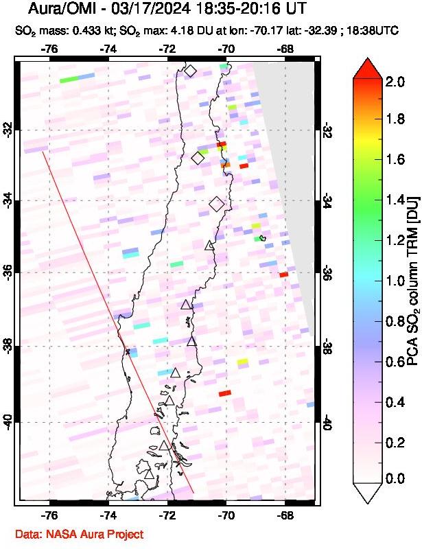 A sulfur dioxide image over Central Chile on Mar 17, 2024.