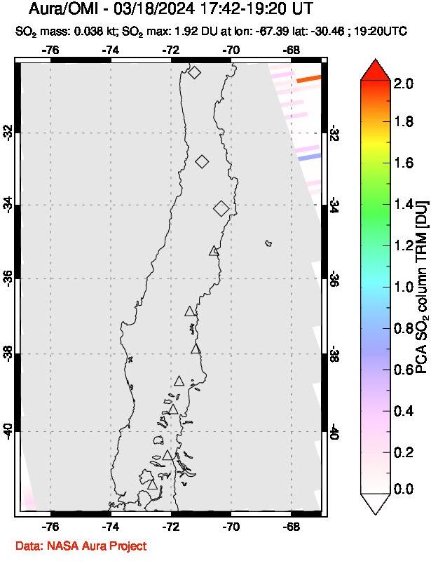 A sulfur dioxide image over Central Chile on Mar 18, 2024.