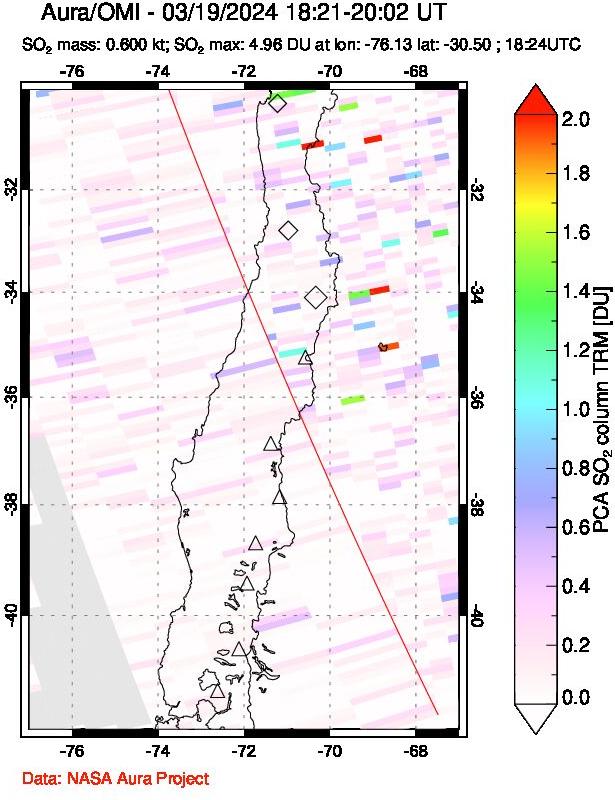 A sulfur dioxide image over Central Chile on Mar 19, 2024.