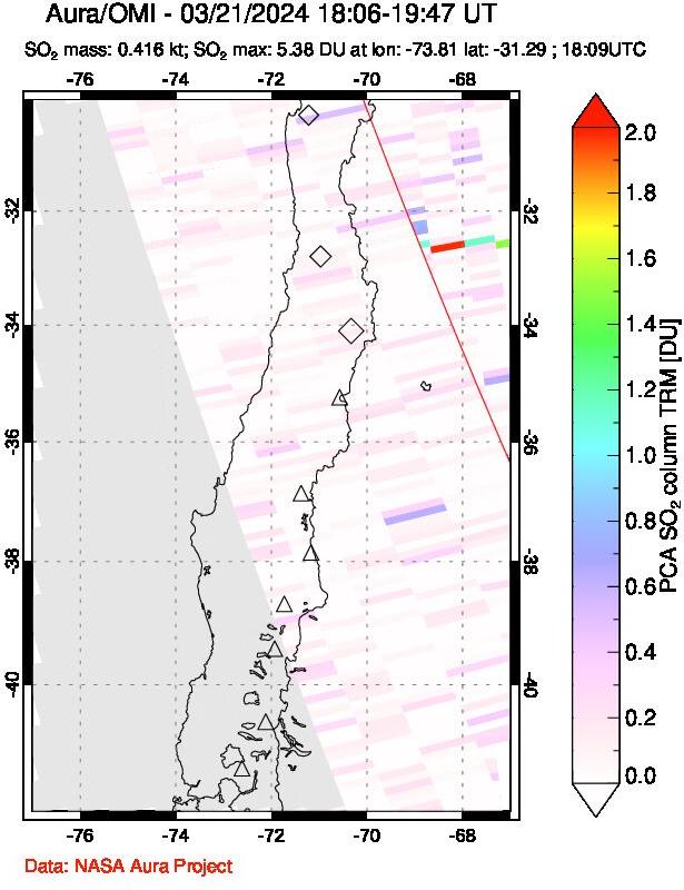 A sulfur dioxide image over Central Chile on Mar 21, 2024.