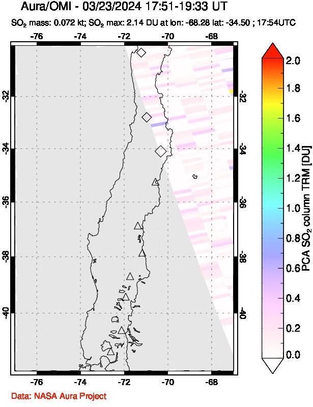 A sulfur dioxide image over Central Chile on Mar 23, 2024.