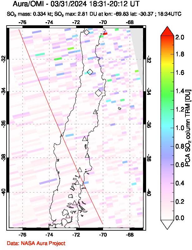 A sulfur dioxide image over Central Chile on Mar 31, 2024.