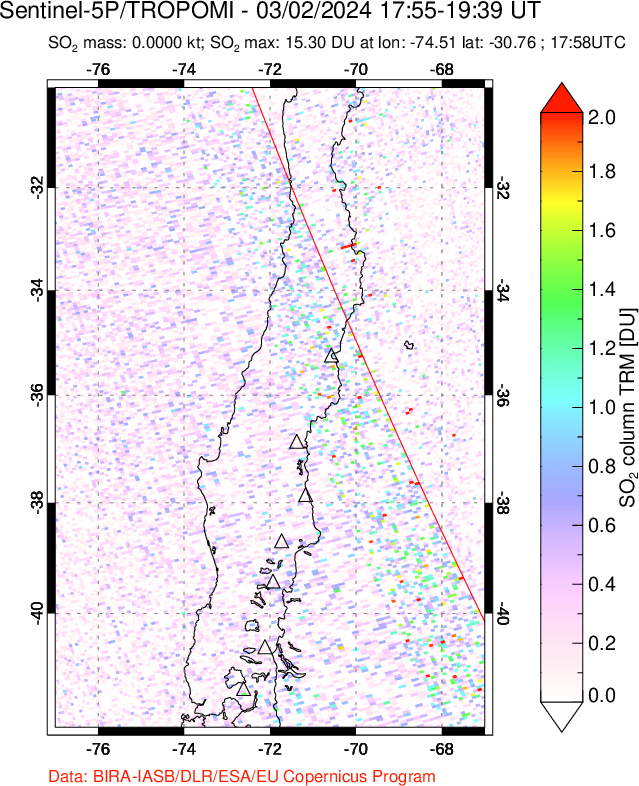 A sulfur dioxide image over Central Chile on Mar 02, 2024.