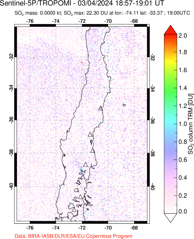 A sulfur dioxide image over Central Chile on Mar 04, 2024.