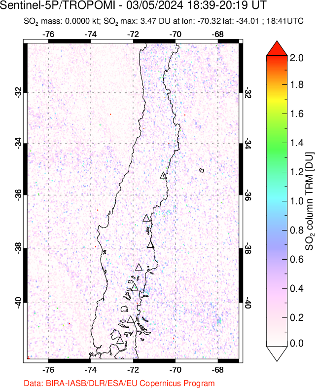 A sulfur dioxide image over Central Chile on Mar 05, 2024.