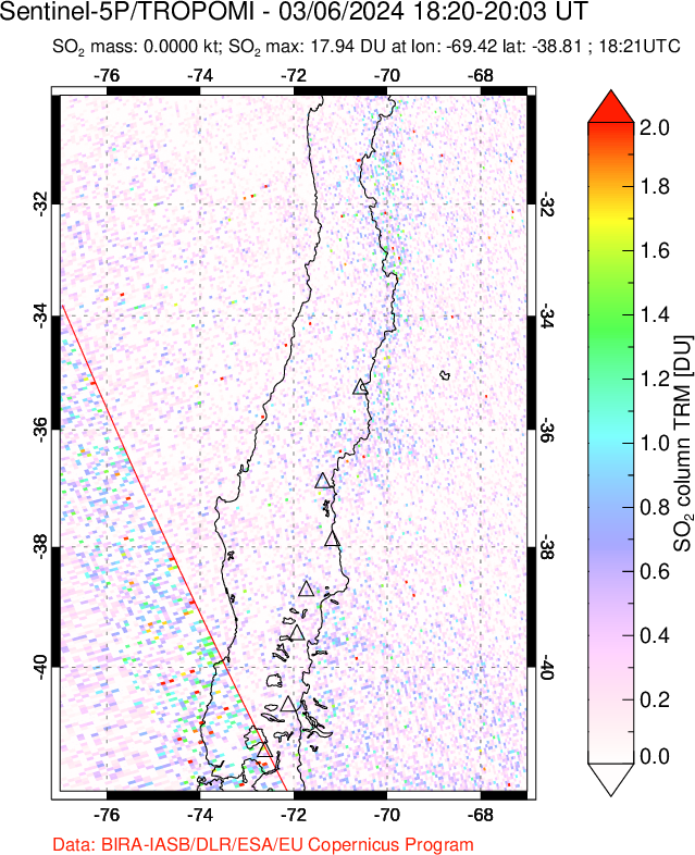 A sulfur dioxide image over Central Chile on Mar 06, 2024.