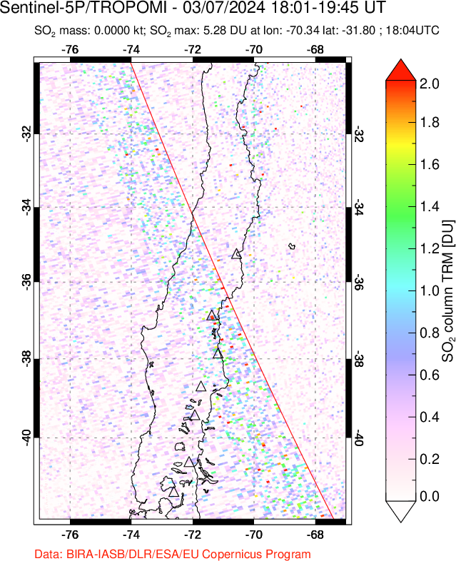 A sulfur dioxide image over Central Chile on Mar 07, 2024.