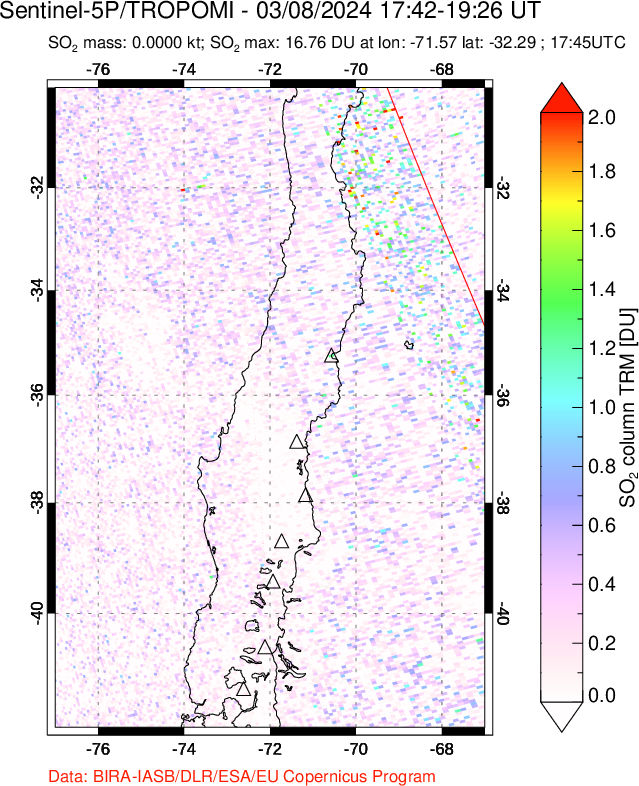 A sulfur dioxide image over Central Chile on Mar 08, 2024.