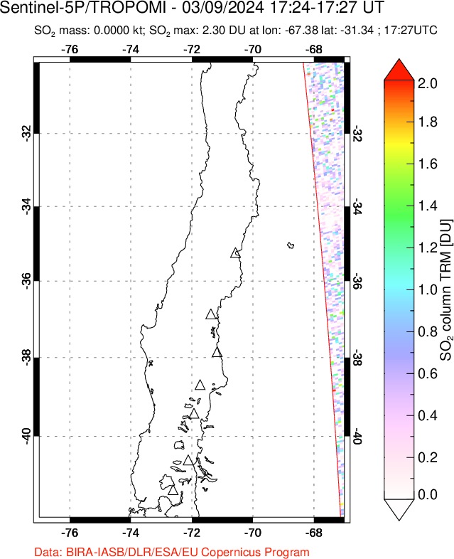 A sulfur dioxide image over Central Chile on Mar 09, 2024.