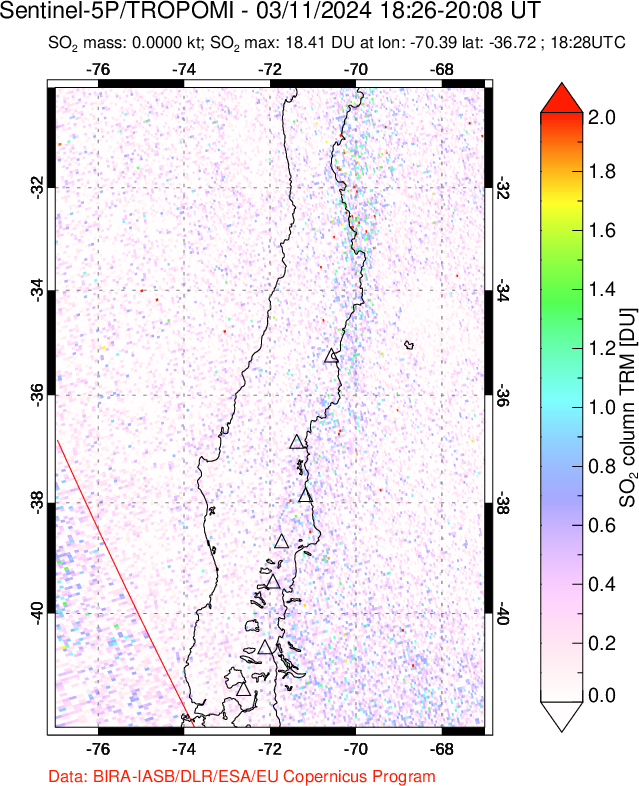 A sulfur dioxide image over Central Chile on Mar 11, 2024.