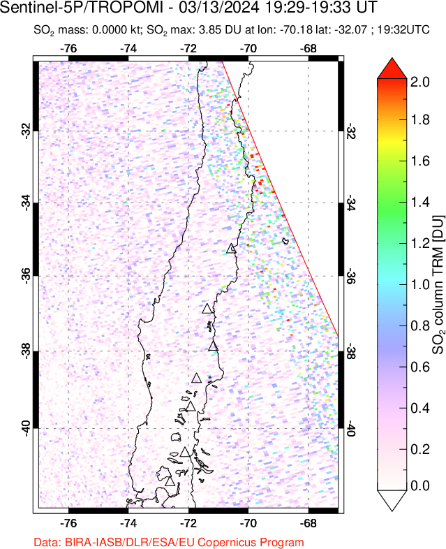 A sulfur dioxide image over Central Chile on Mar 13, 2024.